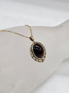 9ct Yellow Gold Garnet Large Oval Cabochon Cut Ornate Pendant on Gold Chain - Antique / Vintage