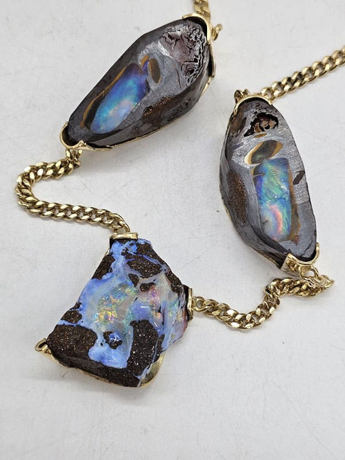 18ct Yellow Gold Unique Natural Opal Hand Crafted Bespoke Necklace / Chain - Thick and Heavy - Spectacular!