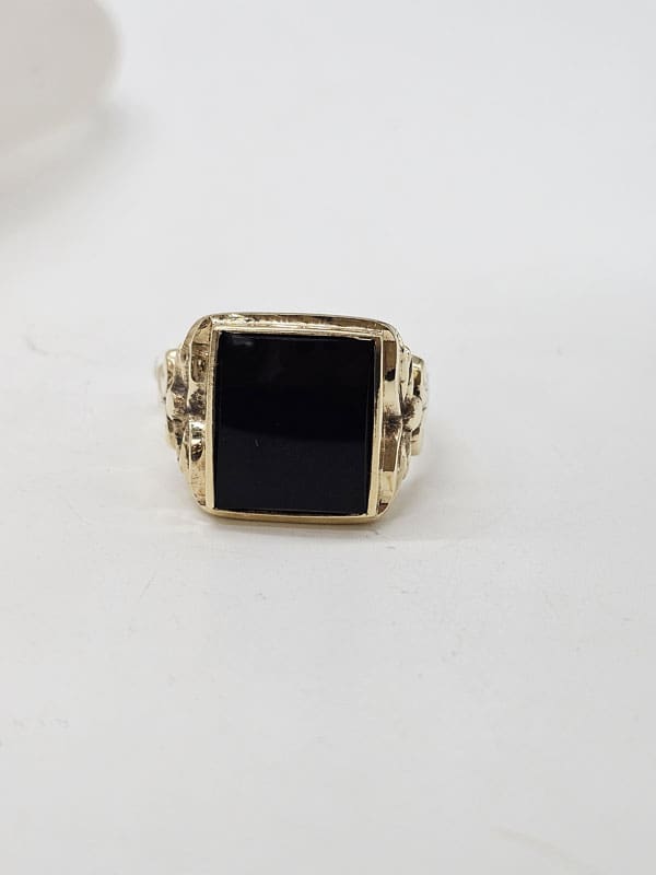 9ct Yellow Gold Onyx Large Ornate Design Rectangular Ring - Gents Ring / Ladies Ring - Signet Ring - Antique / Vintage
