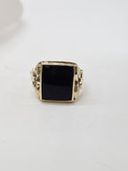 9ct Yellow Gold Onyx Large Ornate Design Rectangular Ring - Gents Ring / Ladies Ring - Signet Ring - Antique / Vintage