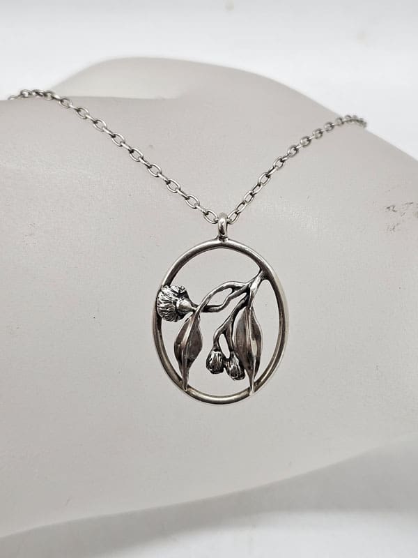 Sterling Silver Gumnut with Gum Leaves / Leaf Australian Melbourne Designer Oval Open Design Pendant on Silver Chain - Vintage