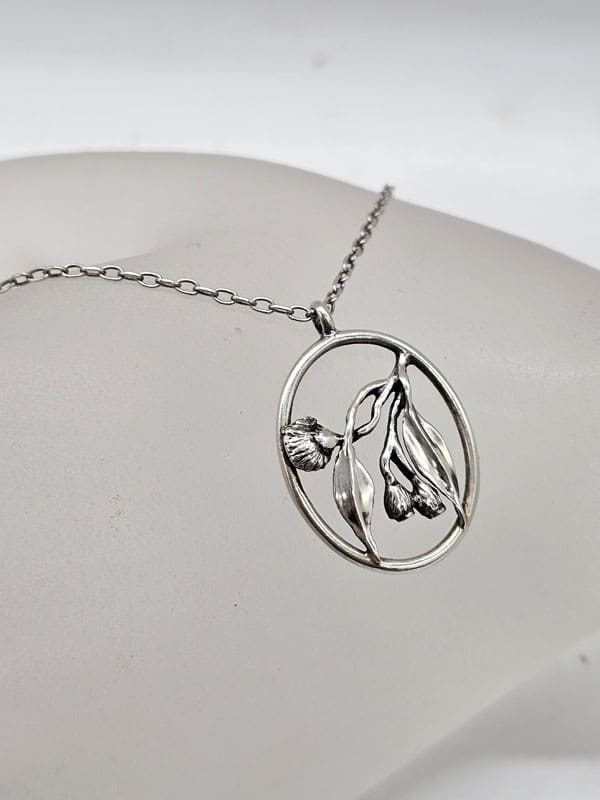 Sterling Silver Gumnut with Gum Leaves / Leaf Australian Melbourne Designer Oval Open Design Pendant on Silver Chain - Vintage
