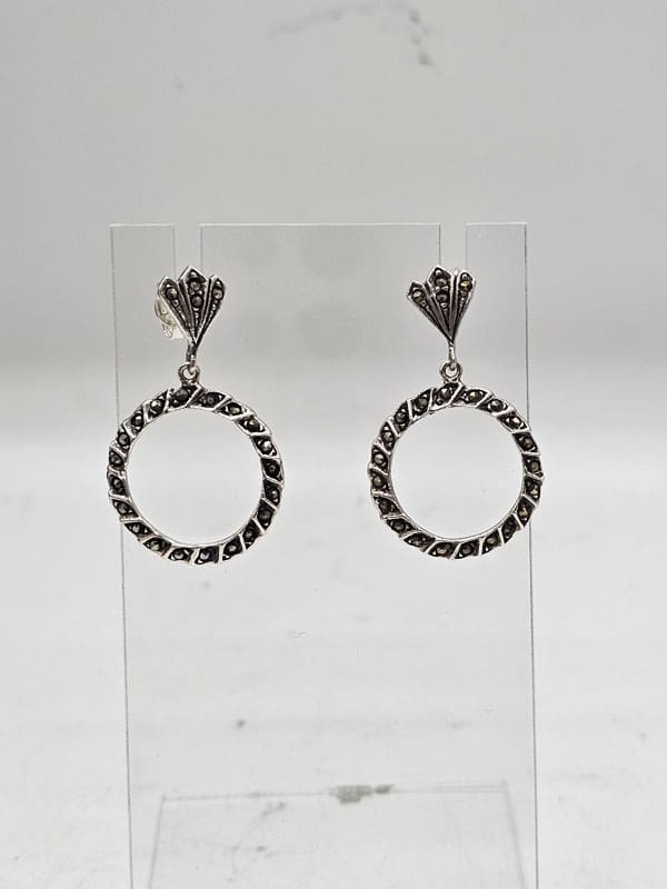 Sterling Silver Marcasite Round Drop Earrings - Vintage