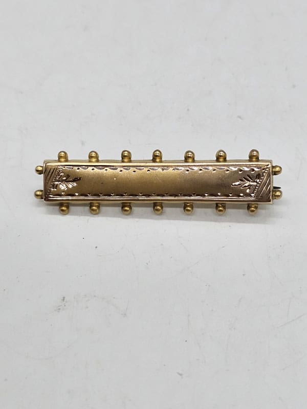 9ct Rose Gold Bar Brooch with Patterned Sides - Antique / Vintage