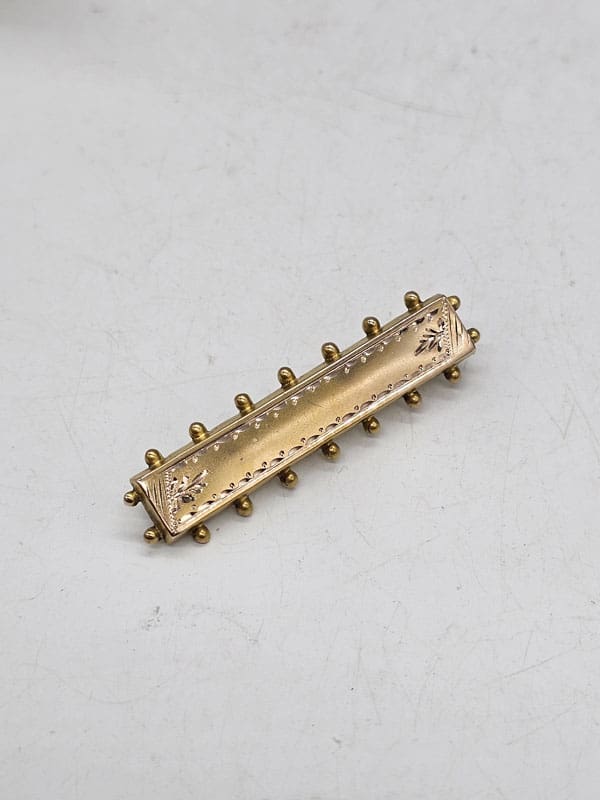 9ct Rose Gold Bar Brooch with Patterned Sides - Antique / Vintage
