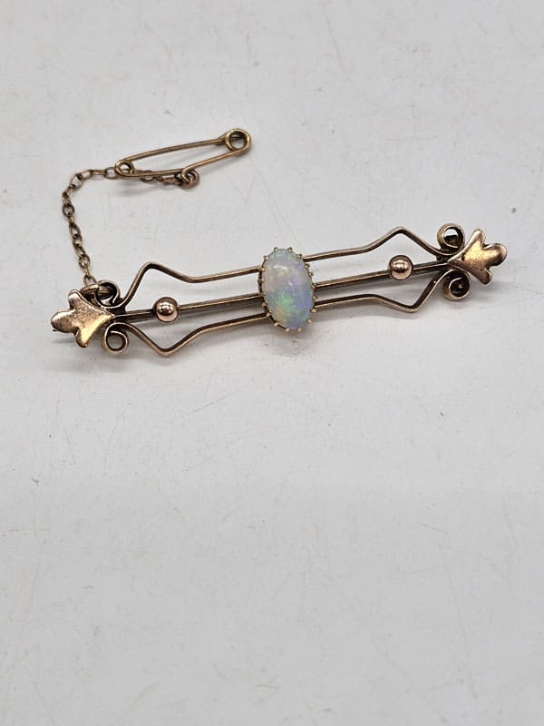 9ct Rose Gold Solid White Opal Open Design Bar Brooch - Antique / Vintage