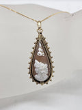 9ct Yellow Gold Shell Cameo Ladies Head Elongated Teardrop / Pear Shaped Pendant on 9ct Gold Chain - Antique / Vintage