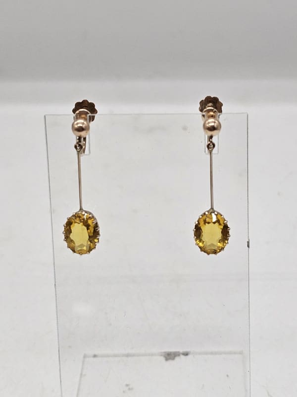 9ct Yellow Gold Yellow Oval on Long Line Drop Screw-On Earrings - Antique / Vintage