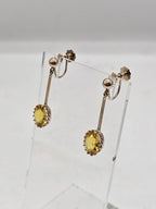 9ct Yellow Gold Yellow Oval on Long Line Drop Screw-On Earrings - Antique / Vintage