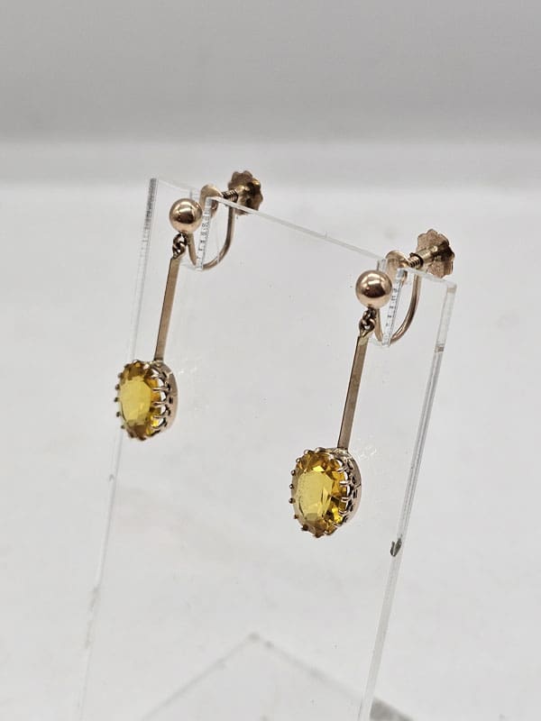 9ct Yellow Gold Yellow Oval on Long Line Drop Screw-On Earrings - Antique / Vintage