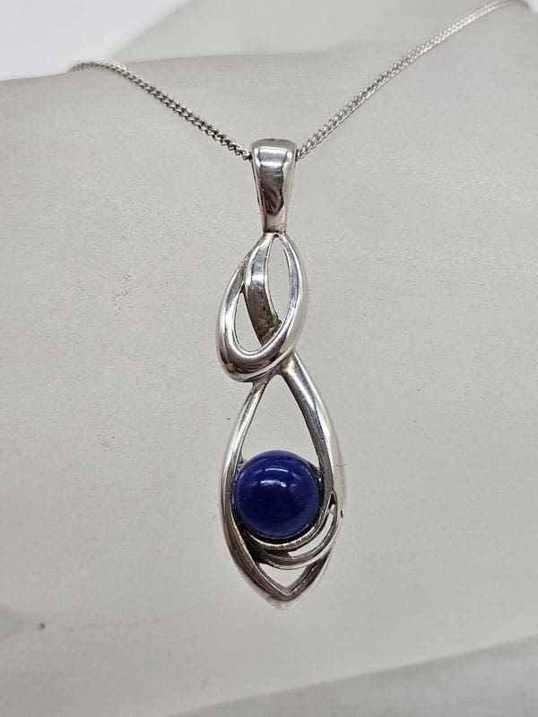 Sterling Silver Lapis Lazuli Elongated Twist Pendant on Silver Chain - Vintage