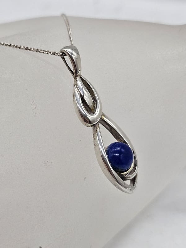 Sterling Silver Lapis Lazuli Elongated Twist Pendant on Silver Chain - Vintage