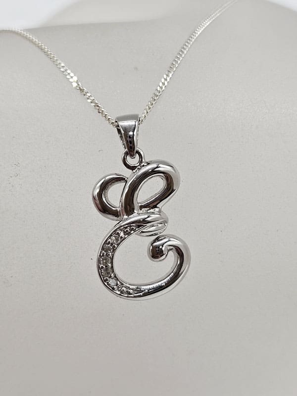 Sterling Silver Diamond Initial E Pendant on Silver Chain