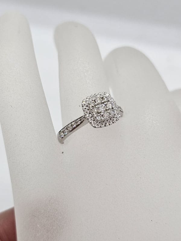 9ct White Gold Diamond Square Cluster Ring - Engagement Ring / Dress RIng