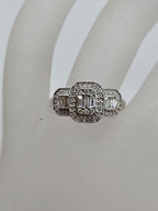 9ct White Gold Diamond Rectangular Trilogy Design Cluster Ring - Engagement Ring / Dress RIng