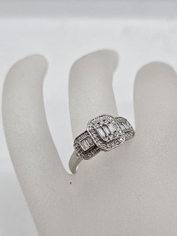 9ct White Gold Diamond Rectangular Trilogy Design Cluster Ring - Engagement Ring / Dress RIng