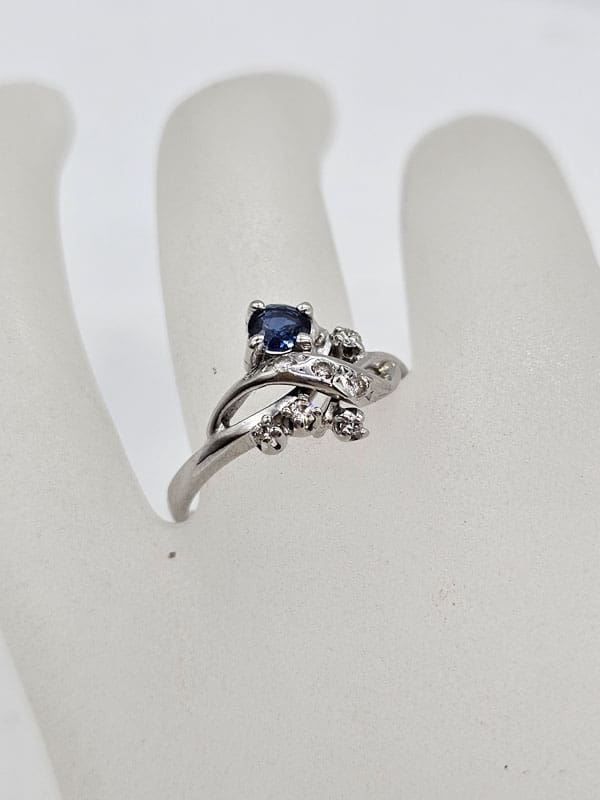 18ct White Gold Natural Sapphire and Diamond Ornate Twist Design Ring - Vintage / Antique