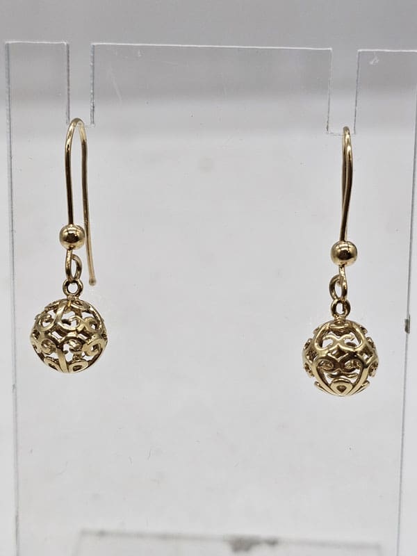 9ct Yellow Gold Ornate Filigree Ball Drop Earrings
