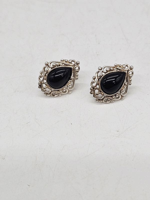 Sterling Silver Onyx Ornate Filigree Teardrop / Pear Shaped Studs Earrings - Vintage
