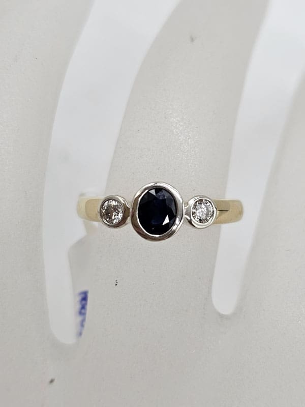 18ct Yellow Gold and White Gold Natural Sapphire with Diamond Solitaire Bezel Set Engagement Ring / Dress Ring