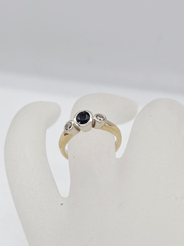 18ct Yellow Gold and White Gold Natural Sapphire with Diamond Solitaire Bezel Set Engagement Ring / Dress Ring