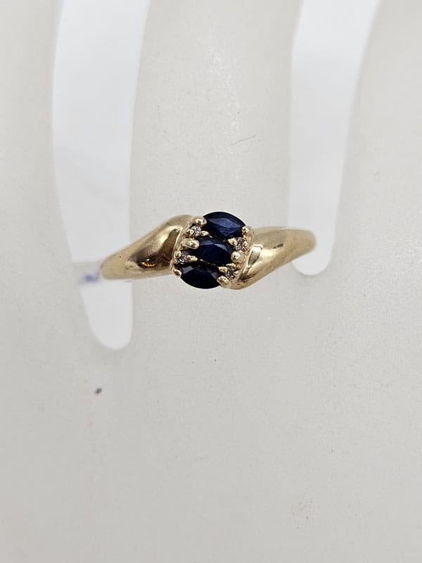 9ct Yellow Gold Marquis Sapphire and Diamond Ring - Vintage