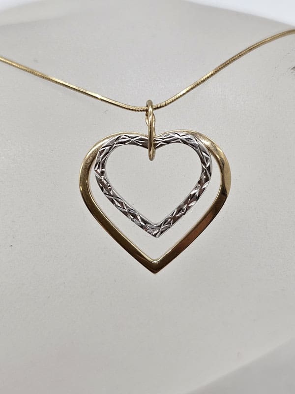 9ct Yellow Gold and White Gold Double Heart Pendant on Gold Chain