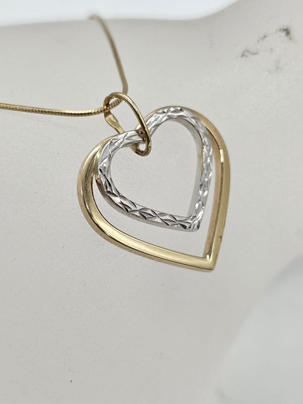 9ct Yellow Gold and White Gold Double Heart Pendant on Gold Chain
