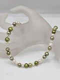 Sterling Silver Clasped Green and White Freshwater Pearl Bead Necklace / Chain