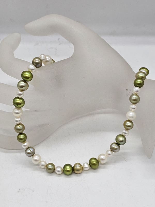 Sterling Silver Clasped Green and White Freshwater Pearl Bead Necklace / Chain