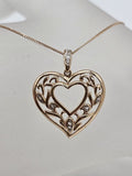 9ct Yellow Gold Diamond Ornate Design Filigree Heart Pendant on 9ct Gold Chain