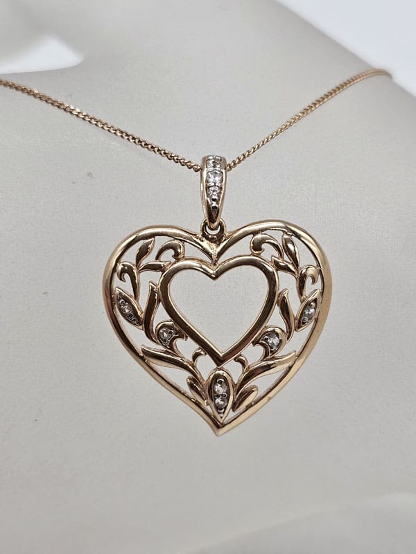 9ct Yellow Gold Diamond Ornate Design Filigree Heart Pendant on 9ct Gold Chain