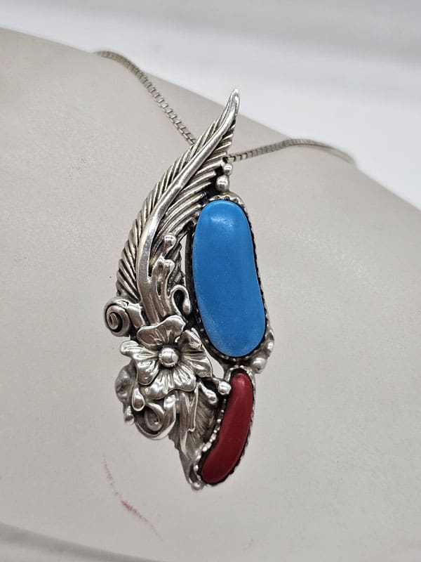 Sterling Silver Native American Turquoise and Coral Ornate Floral Pendant on Silver Chain - Vintage