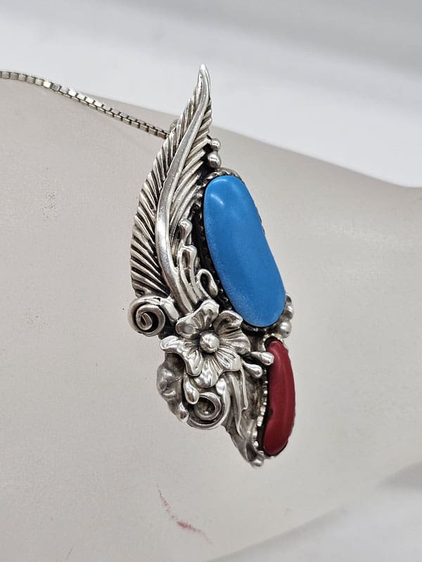 Sterling Silver Native American Turquoise and Coral Ornate Floral Pendant on Silver Chain - Vintage