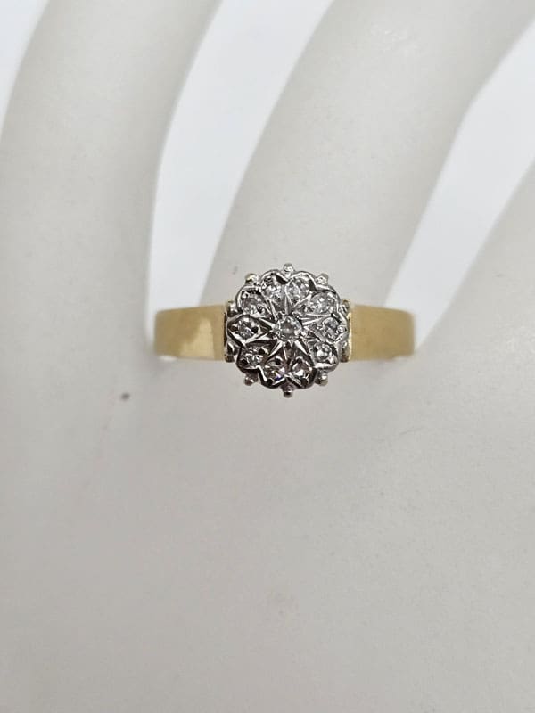 18ct Yellow Gold and Platinum Diamond High Set Round Cluster Ring / Engagement Ring - Antique / Vintage
