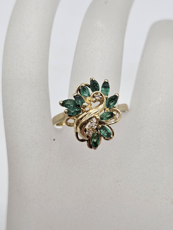 9ct Yellow Gold Natural Emerald and Diamond Large Swirl Shape Ring - Antique / Vintage