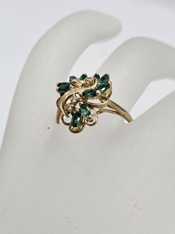 9ct Yellow Gold Natural Emerald and Diamond Large Swirl Shape Ring - Antique / Vintage