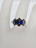 9ct Yellow Gold Three Marquis Shaped Created Sapphire Bridge Set Ring - Vintage