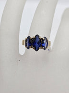 9ct Yellow Gold Three Marquis Shaped Created Sapphire Bridge Set Ring - Vintage