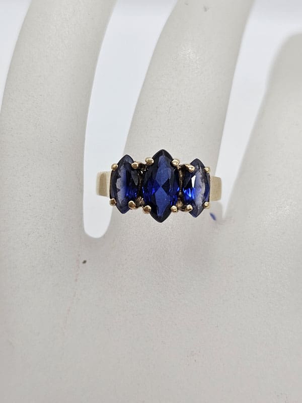 9ct Yellow Gold Three Marquis Shaped Created Sapphire Bridge Set Ring - Vintage