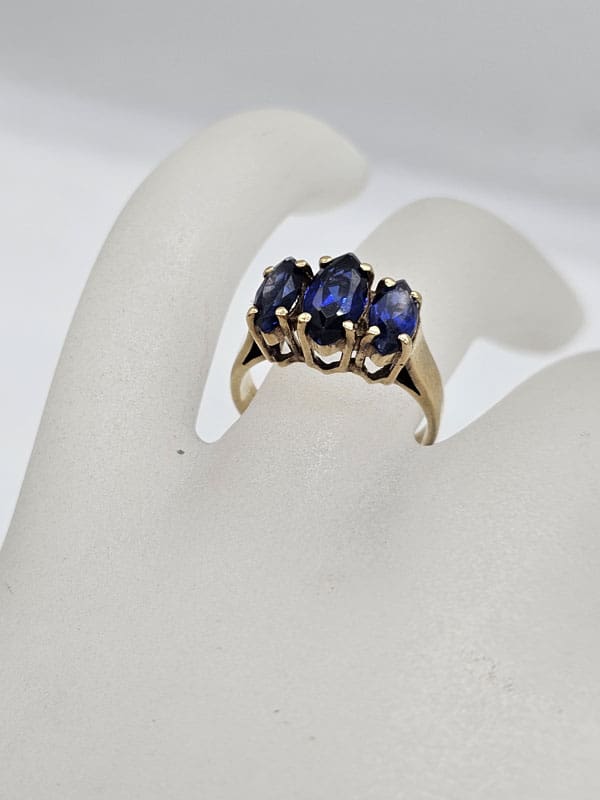 9ct Yellow Gold Three Marquis Shaped Created Sapphire Bridge Set Ring - Vintage