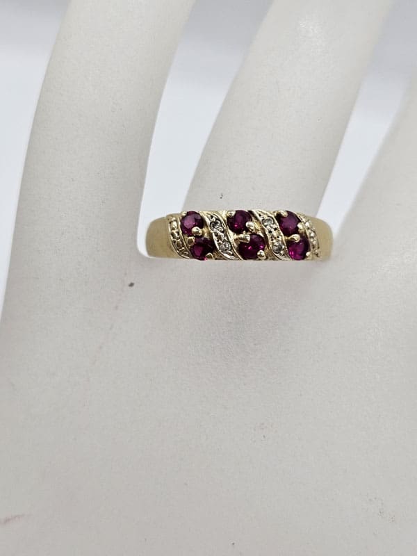 9ct Yellow Gold Ruby and Diamond Two Row Ring - Vintage