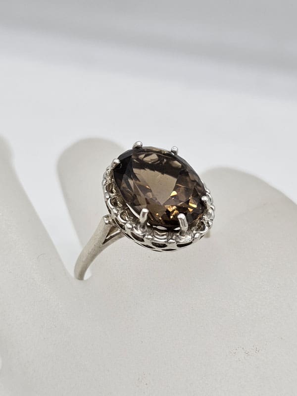 Sterling Silver Smokey Quartz Oval Claw Set Ring - Vintage / Antique