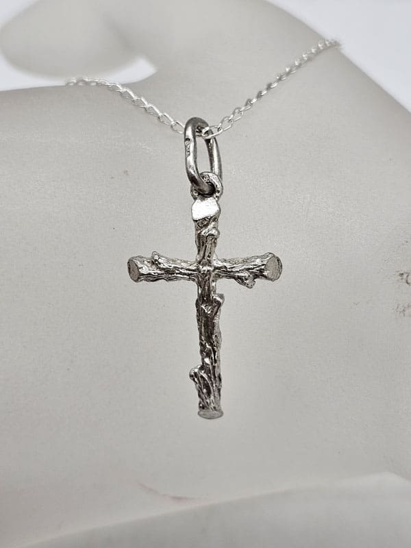 Sterling Silver Crucifix Branch Design Pendant on Silver Chain - Vintage