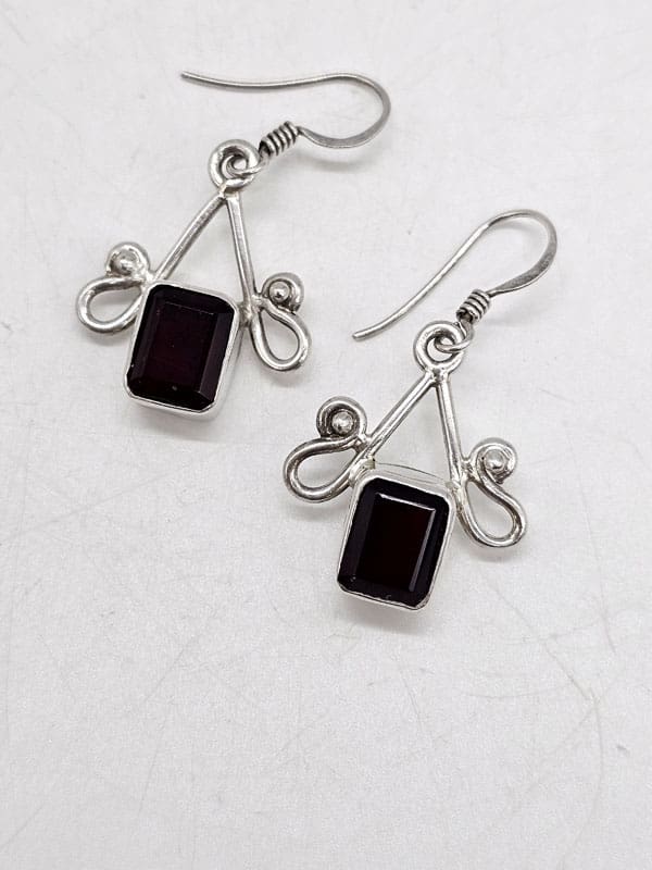 Sterling Silver Rectangular Black Onyx Drop Earrings - Vintage