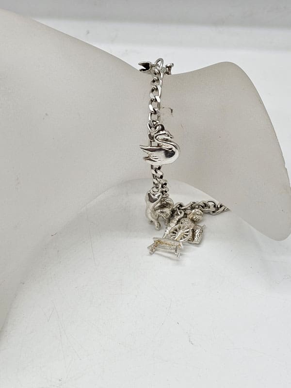 Sterling Silver 8 Charms Bracelet - Includes Poodle Dog, Cat, Spinner, Rooster etc - Vintage / Antique