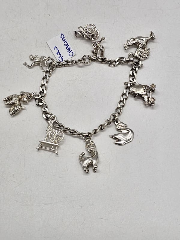 Sterling Silver 8 Charms Bracelet - Includes Poodle Dog, Cat, Spinner, Rooster etc - Vintage / Antique