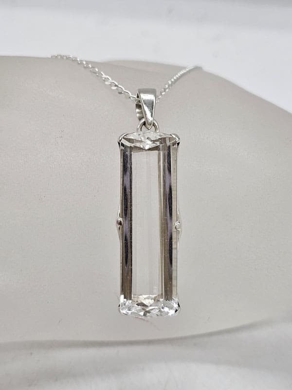 Sterling Silver Clear Crystal Quartz Rectangular Pendant on Silver Chain