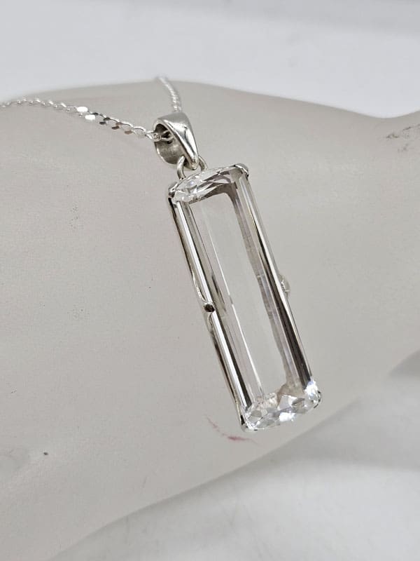 Sterling Silver Clear Crystal Quartz Rectangular Pendant on Silver Chain
