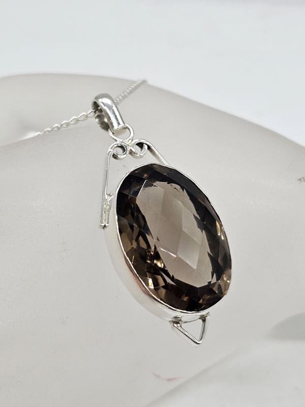 Sterling Silver Smokey Quartz Oval Shape Pendant with Ornate Open Design on Silver Chain